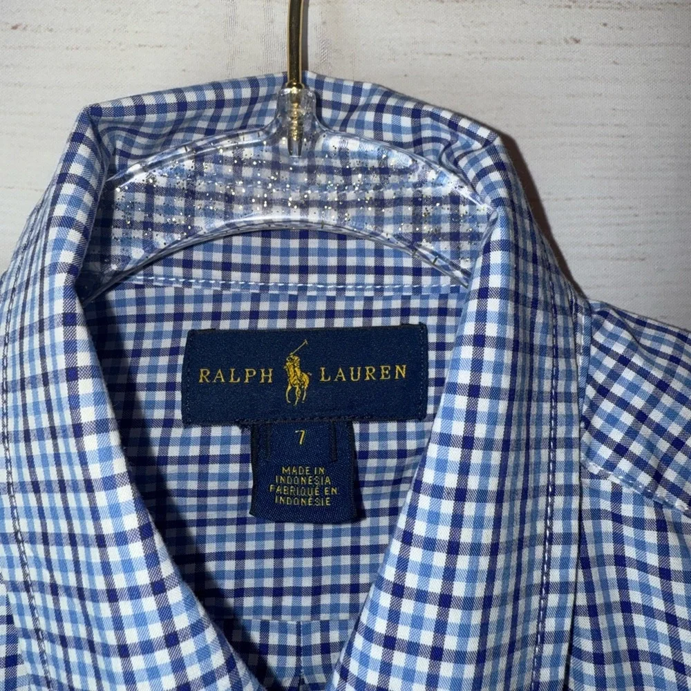Polo Ralph Lauren long-sleeve blue and white gingham check poplin shirt Size 7